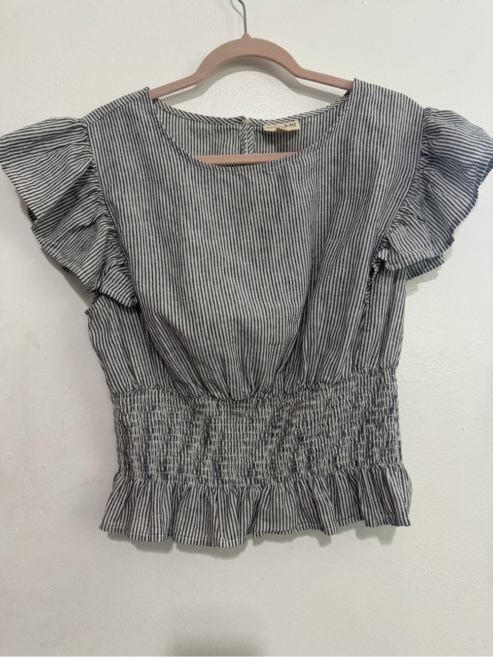 Maison Jules Linen Blend Smocked Peplum Top Navy Stripe Size Large